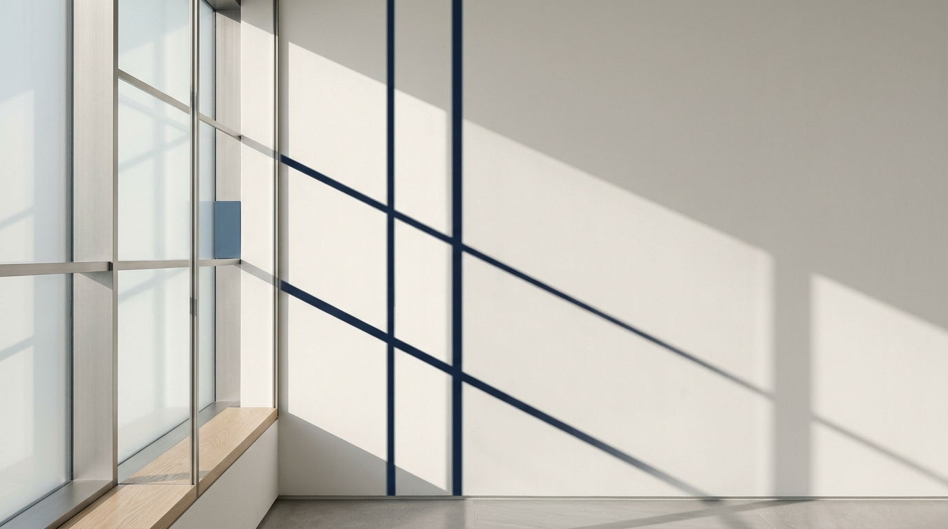 Abstract window-mullion shadow lines crossing a plain bone-colored wall in soft daylight.
