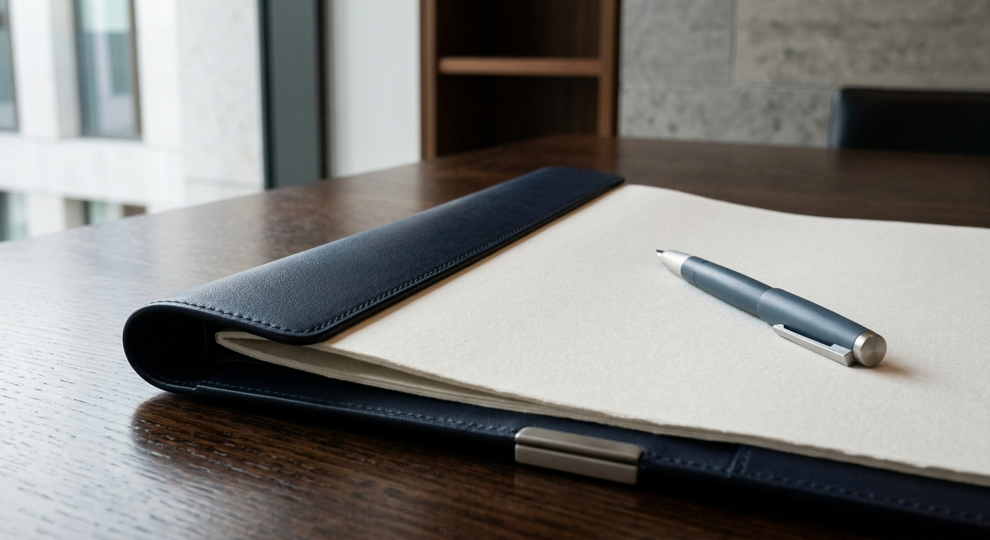 A navy leather portfolio, blank bone paper, and a single slate-toned pen resting on a polished dark-wood desk.