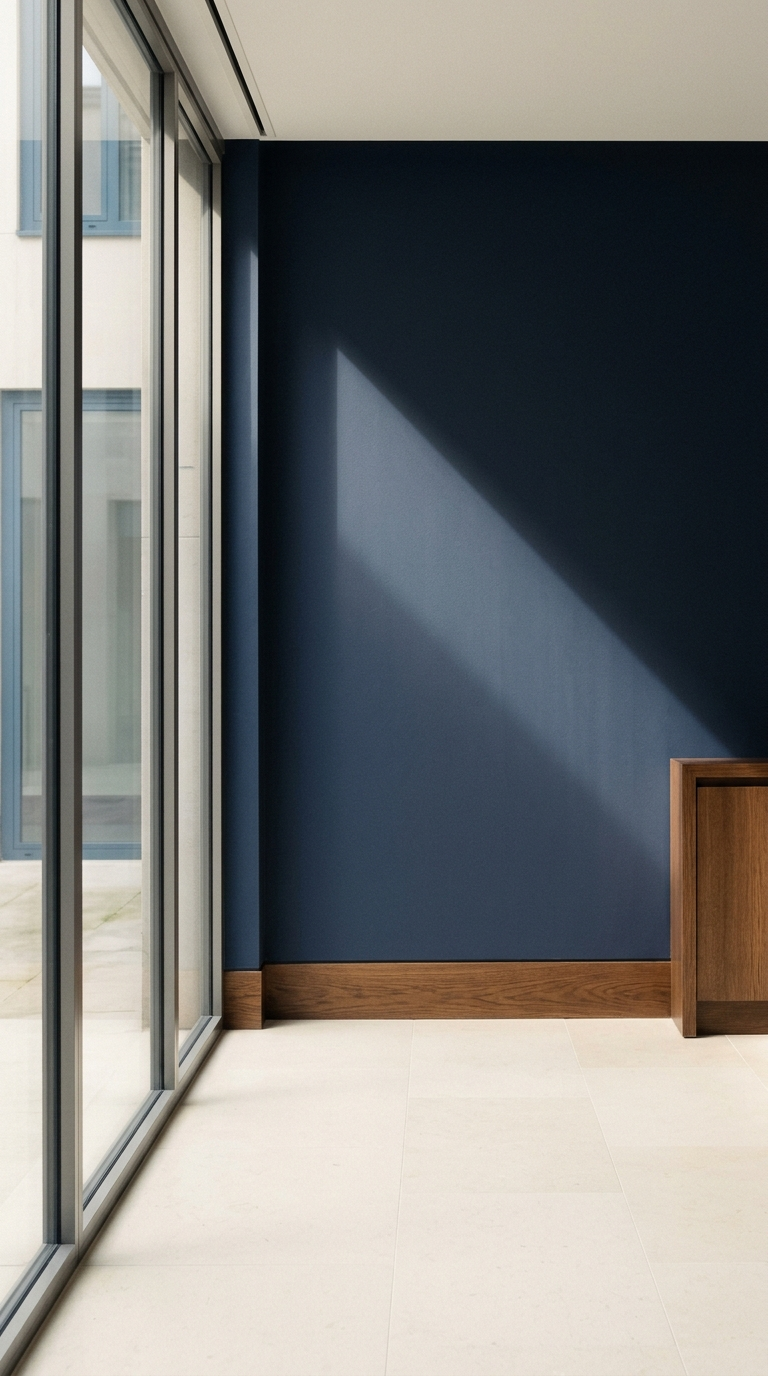 Raking early-morning light crossing a matte navy wall in a quiet, uncluttered private office corner with oak trim and floor-to-ceiling glass.